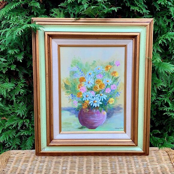 Vintage Original Art Floral Stillife in Round Vase. Acrylic Painting, Daisies, M - Picture 1 of 11